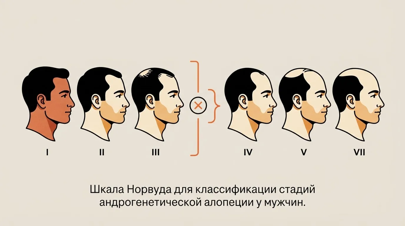 Шкала Норвуда для классификации стадий андрогенетической алопеции у мужчин.