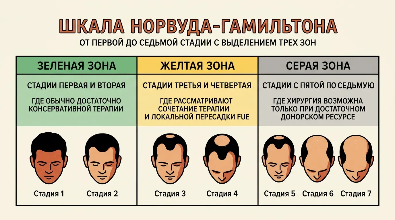Шкала стадий мужского облысения по Норвуду с границами применения консервативного лечения и пересадки волос