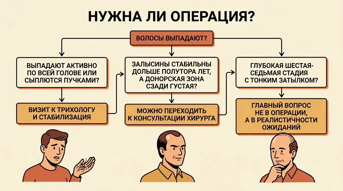 Схема «Нужна ли пересадка волос»: три ситуации — активное выпадение, стабильные залысины и шестая-седьмая стадия облысения