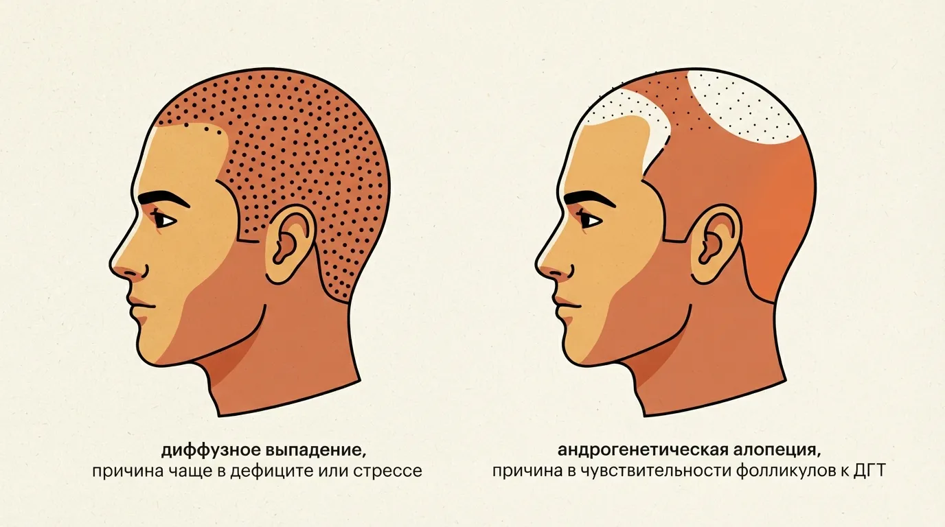 Как отличить два основных типа выпадения волос по расположению поредения