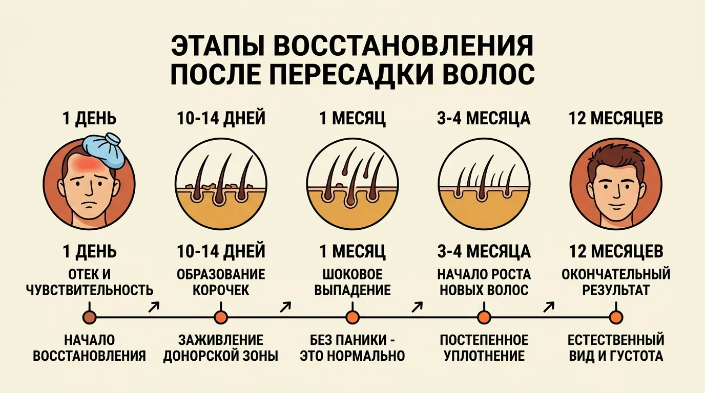 Сводная схема этапов реабилитации после пересадки волос
