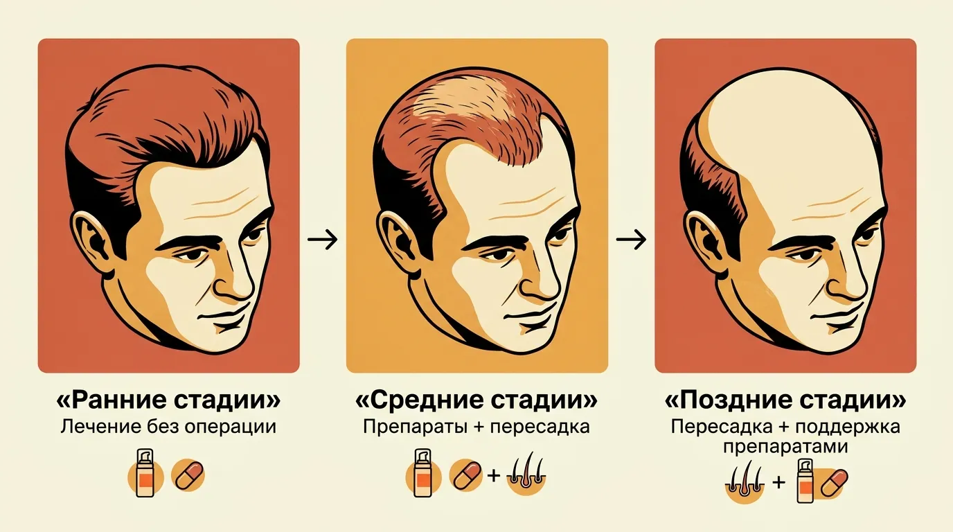 Три стадии облысения: на ранней лечение без операции, на средней препараты и пересадка, на поздней пересадка с поддержкой препаратами