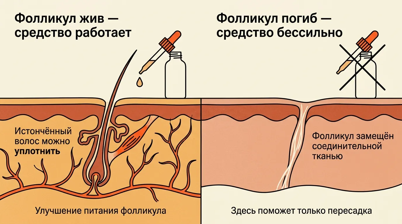 Наружное средство помогает живому истончённому фолликулу, но бессильно, если фолликул замещён соединительной тканью
