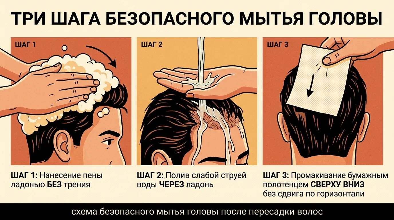 схема безопасного мытья головы после пересадки волос