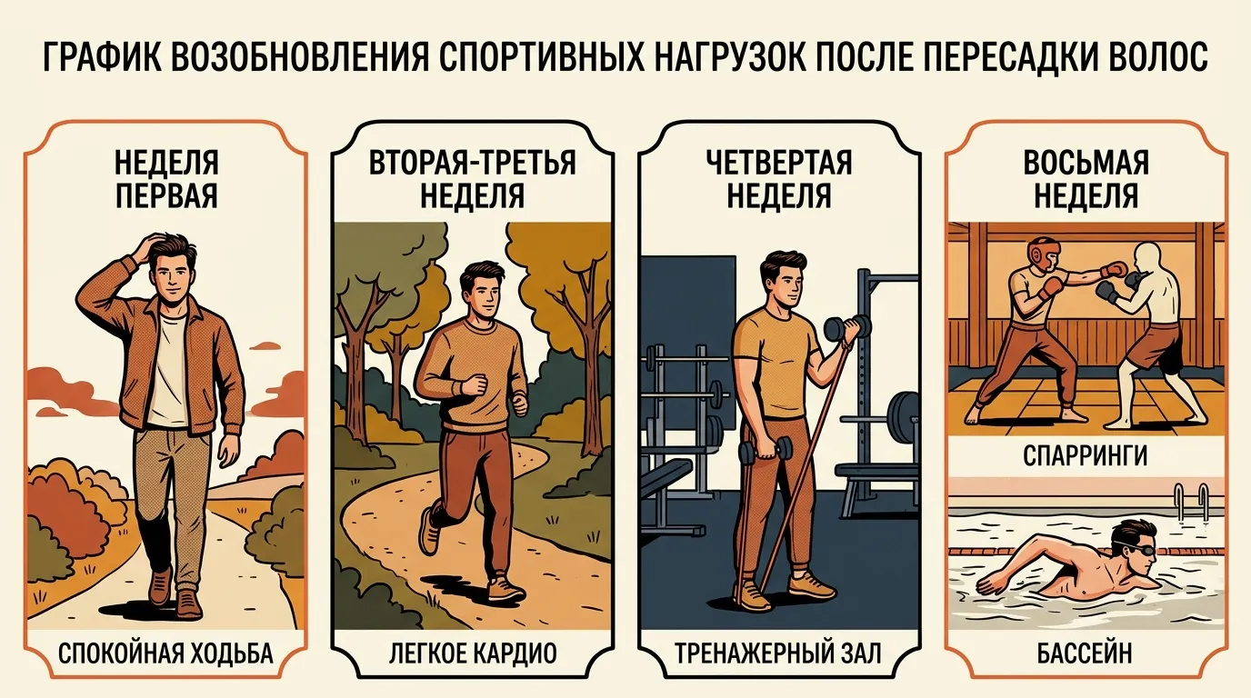график возобновления спортивных нагрузок после пересадки волос